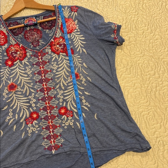 Embroidered Floral V-Neck Top - Blue and Red - Picture 10 of 11